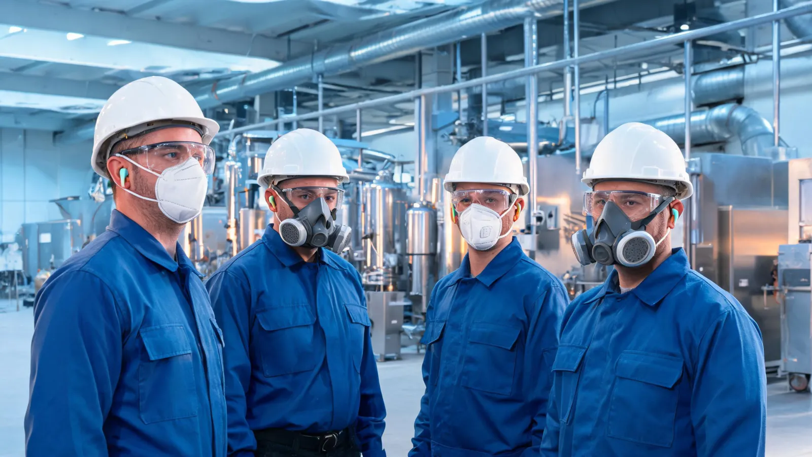 Industrial crew wearing respirators and earplugs