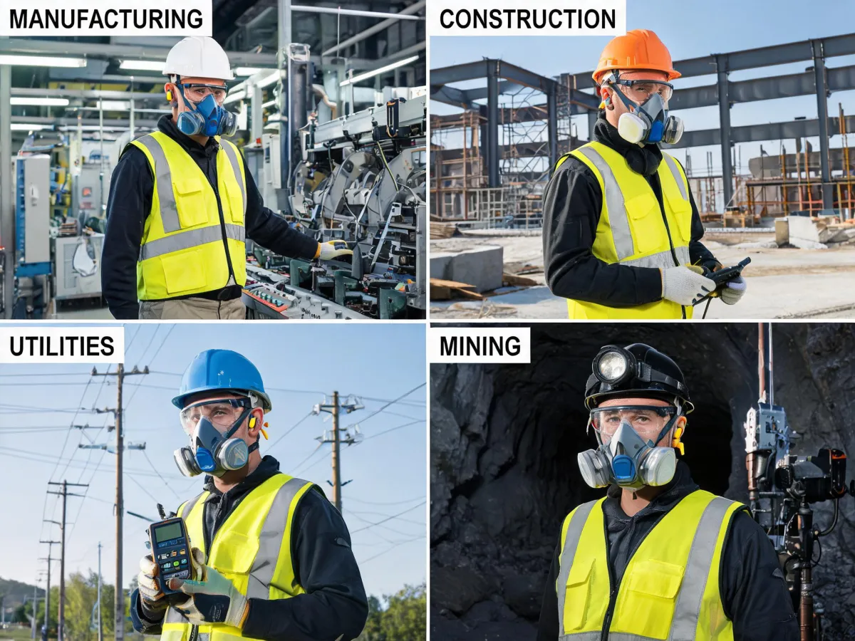 Industrial teams using respiratory and hearing protection